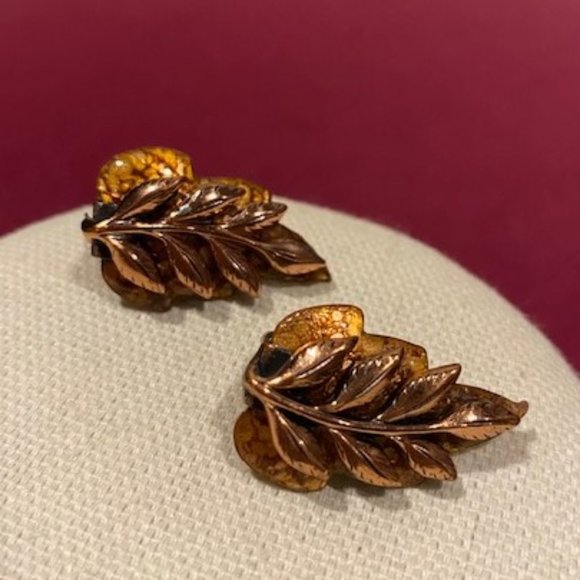 VTG MATISSE RENOIR Copper “Laurel” Leaf Enamel EARRING - Picture 4 of 6